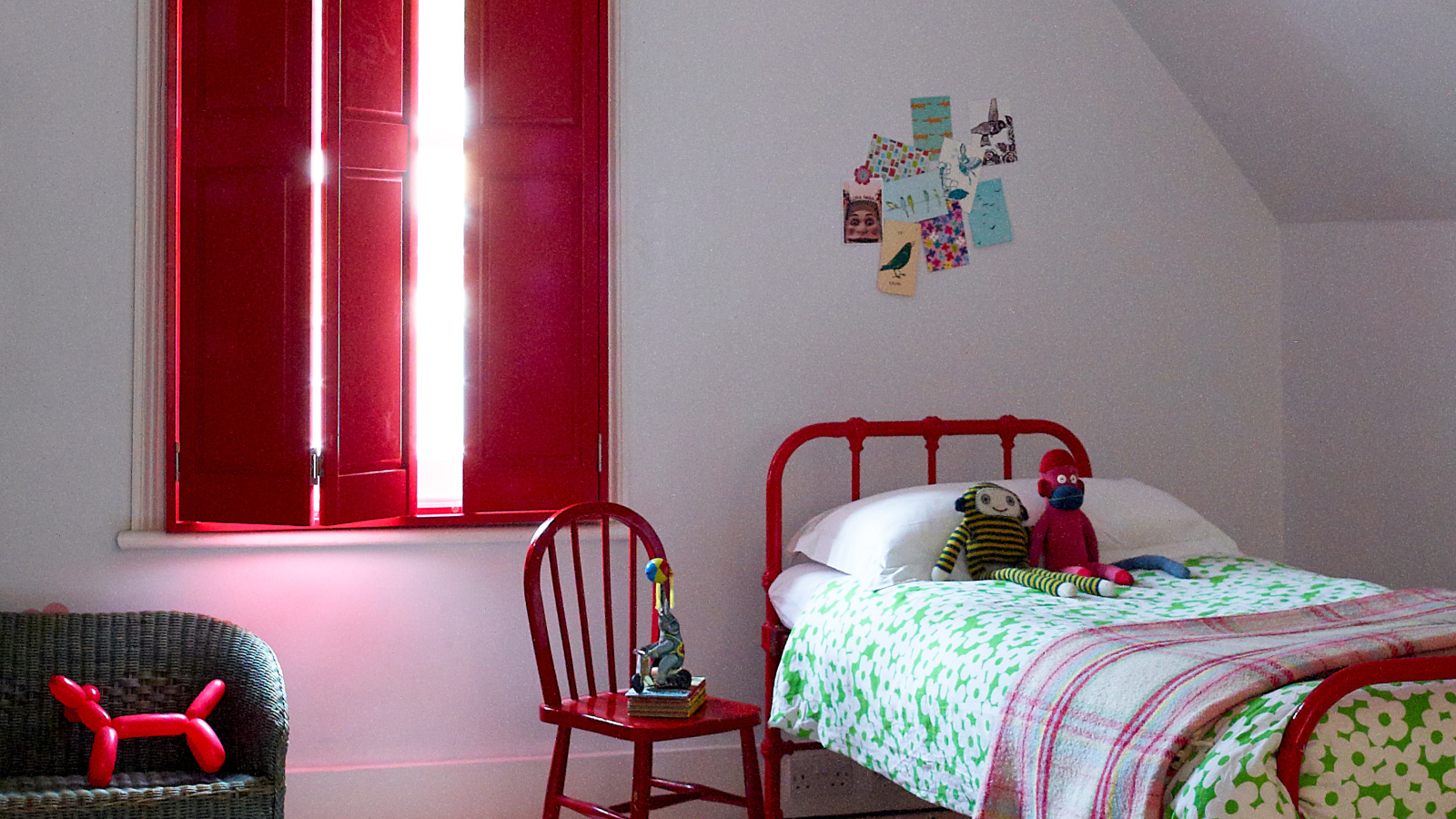 Red Raised Shutters in Childrens Bedroom Basswood